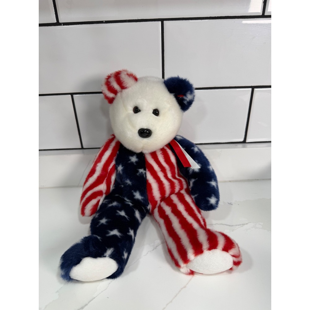 Ty Beanie Buddies Spangle the Bear Patriotic American Flag Plush 14 inch 1999